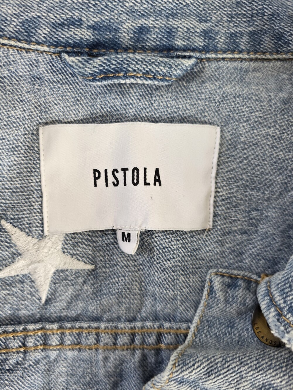 Pistola Brando Star Embroidered Jean Jacket Size M Light Wash Denim Raw Hem - Picture 11 of 12